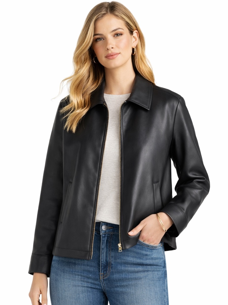 Bcbg Max Azria Black Vegan Leather Jacket Zip Front Minimalist Classic Size M